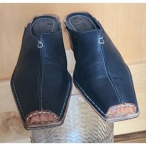 Linea Italian Black Leather EU‎ 39 US 8.5 Square Toe Mules Made Italy Block Heel